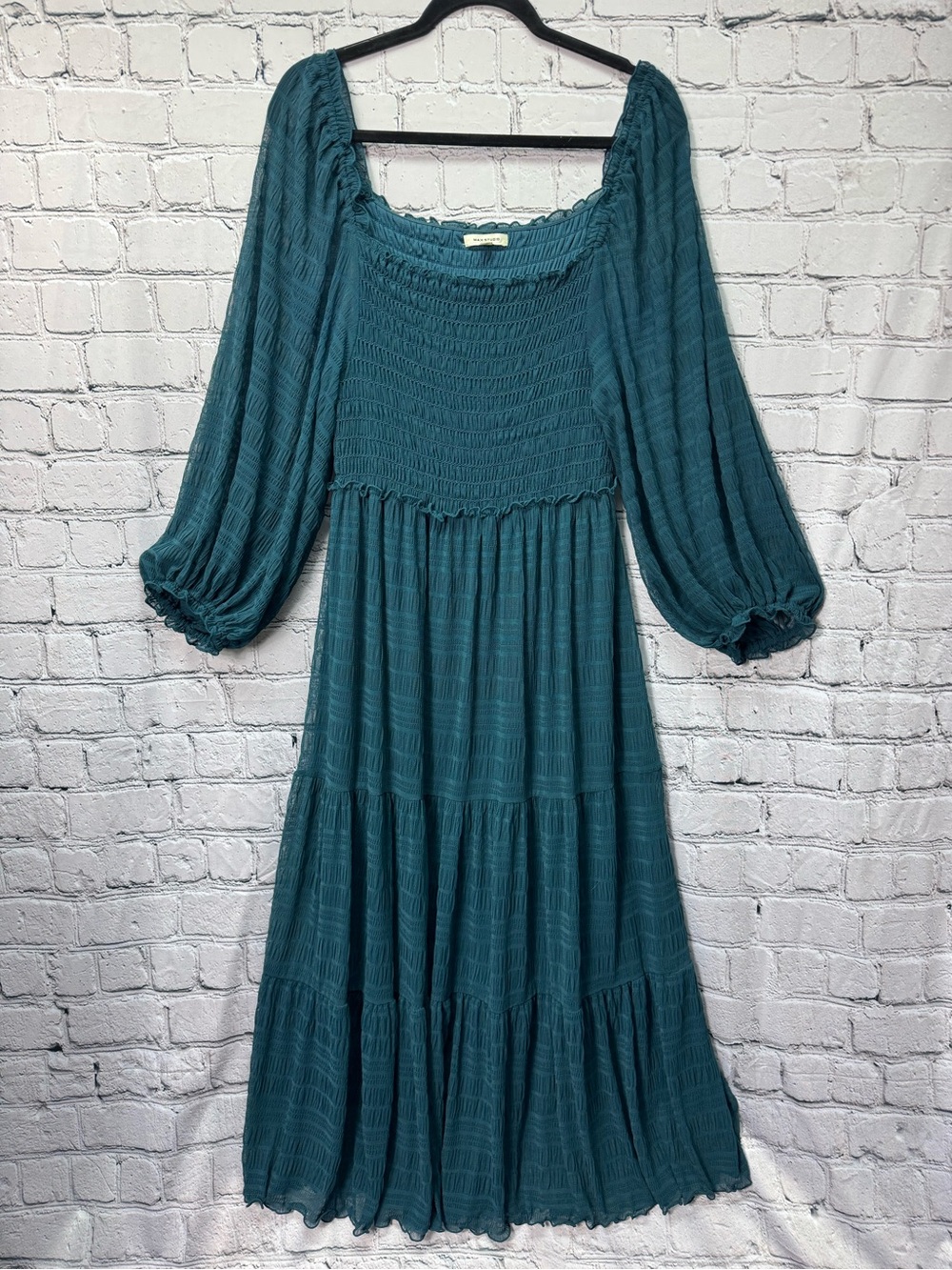 Max Studio Teal Mesh Smocked Maxi Dress with Balloon Sleeves Boho Size Large
